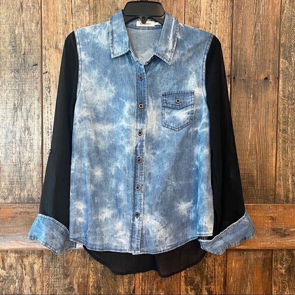 Blu Pepper Sz S NWT Blue Tie-Dye Sheer Sleeves & Hem Oversized Relaxed Shirt - Picture 2 of 12